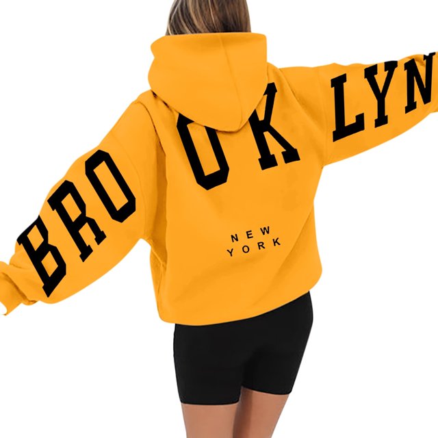 Women'S Long Sleeved Zipperless New York Printed Hoodie With Back, Yellow S