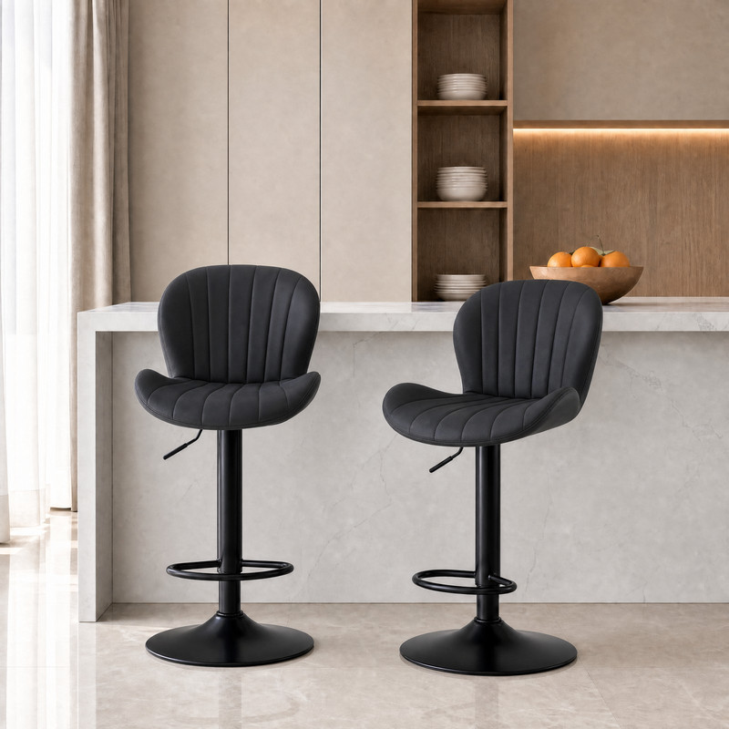 Kelno Swivel Bar Stools Set of 2 Adjustable Height Linen Seat with Backrest 360° Swivel for Kitchen Island, Black