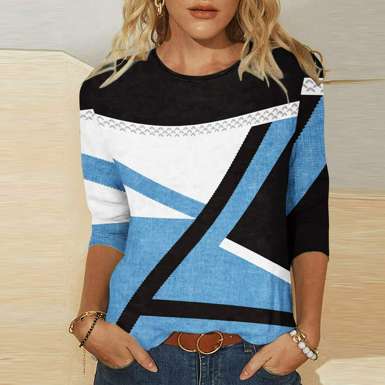 RQYYD Reduced Women's Summer Geometric Graphic T Shirts Casual Holiday 3/4  Sleeve Tops Color Block Crew Neck Basic Tee(Blue,M) 