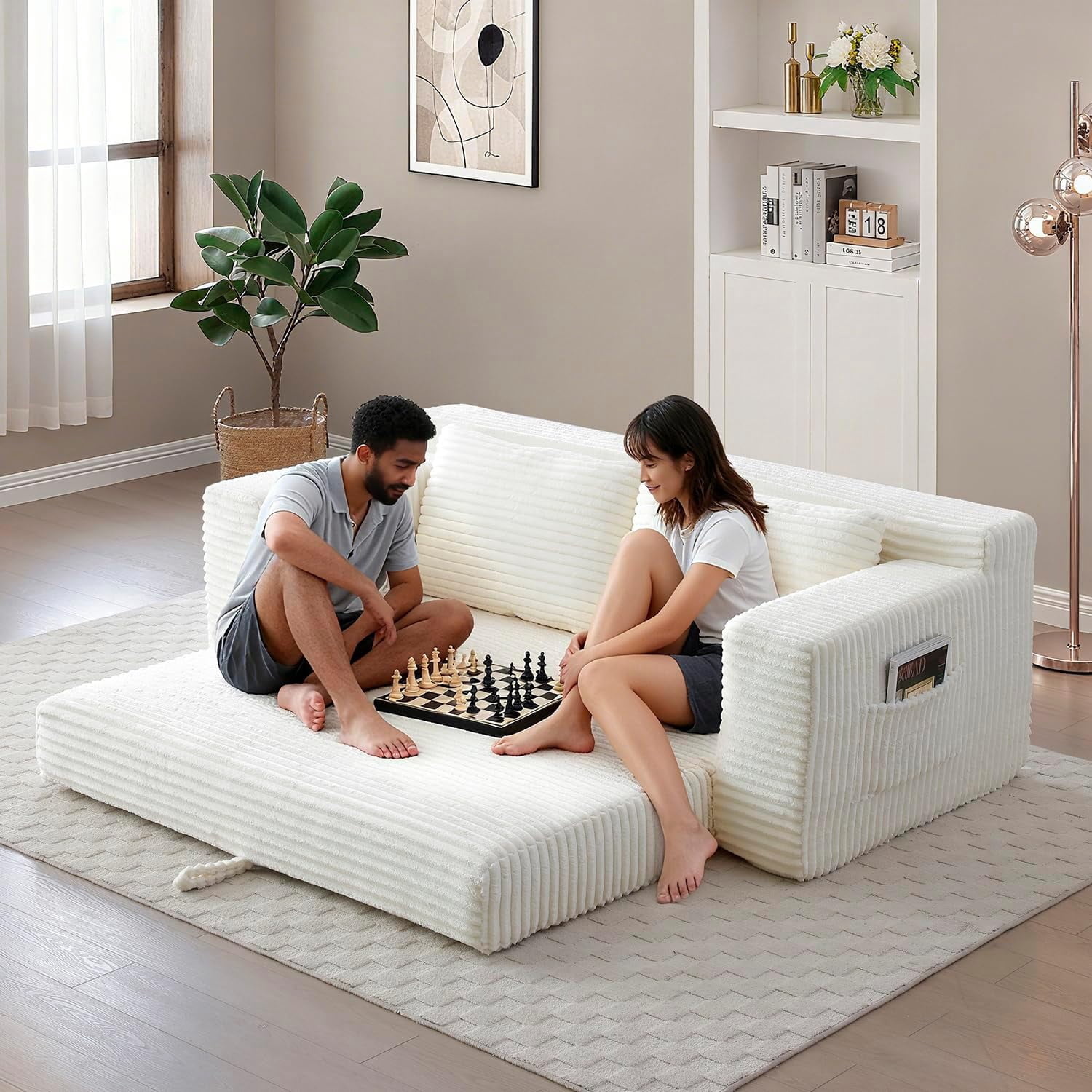 73" 2-in-1 Convertible Sofa Bed, Memory Foam Corduroy Loveseat, No Assembly, Beige