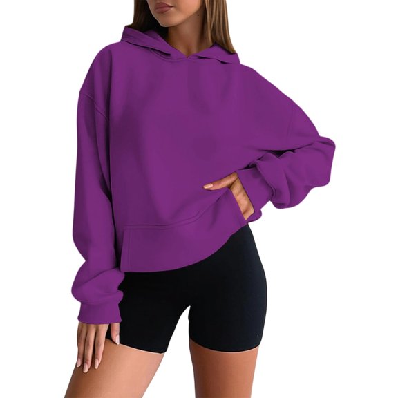 Women's Fashion Oversized Drop Shoulder Long Sleeve Sweatshirt Solid Color Hooded Sweatshirt for Comfortable Fit,Purple,XL