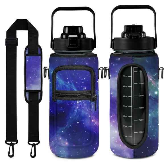 Geometric Star Sky Bule 64 Oz Half Gallon Water Bottle with Sleeve - BPA Free Leakproof Sport Large Plastic Water Bottle with Straw&Time Marker&Insulated Neoprene Holder Carrier Bag Gift