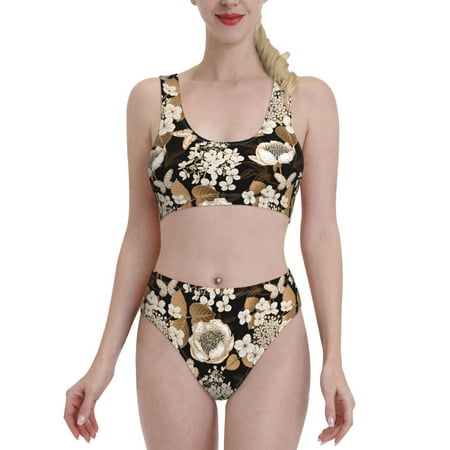 Fotbe Retro Hydrangeas Women s High Waisted Bikini Tankini Sets Two Piece Bathing Suits High Cut Scoop Neck Swimsuit-X-Large