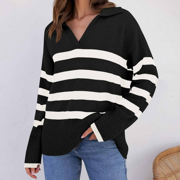 TIMIFIS Black Women's Striped Sweater Fall Casual V Neck Long Sleeve Sweater Loose Lapel Collar Knit Pullover