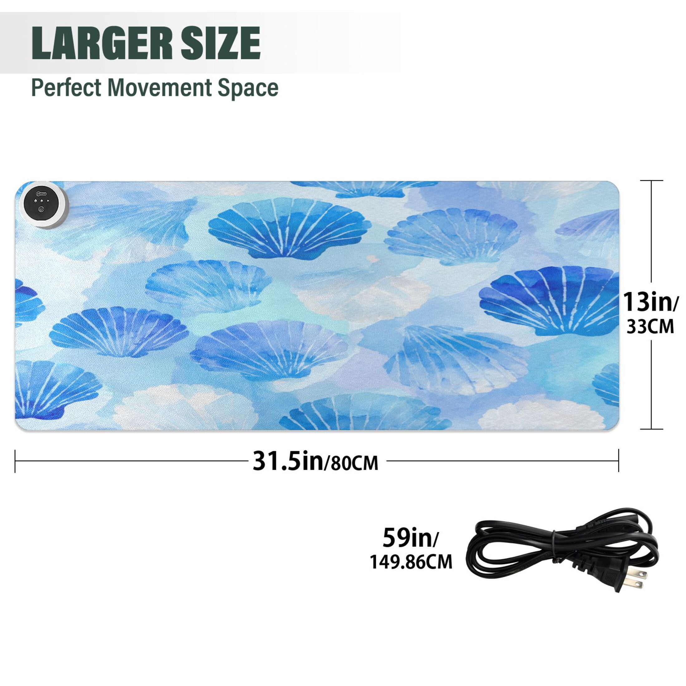 Large Heated Desk Mat Mouse Pad 31.5"x13"PU Leather Graphene Heating Desk Warmer with 3 Temperature Settings 110V US Plug Non-Slip Warm Pad for Home, Office, and Gaming Blue Scallop Shells Watercolor