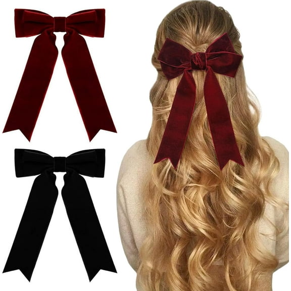 2 Pcs Velvet Burgundy Red Hair Bows - Large Hair Clips With Long Ribbon, Solid Color, Spring Hairpin, Party Gifts for Girls & Women