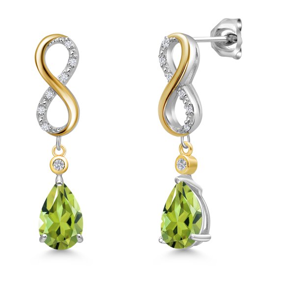 Gem Stone King 925 Silver and 10K Yellow Gold Green Peridot and White Lab Grown Diamond Dangle Earrings for Women | 2.62 Cttw | Gemstone August Birthstone | Pear Shape 9X6MM