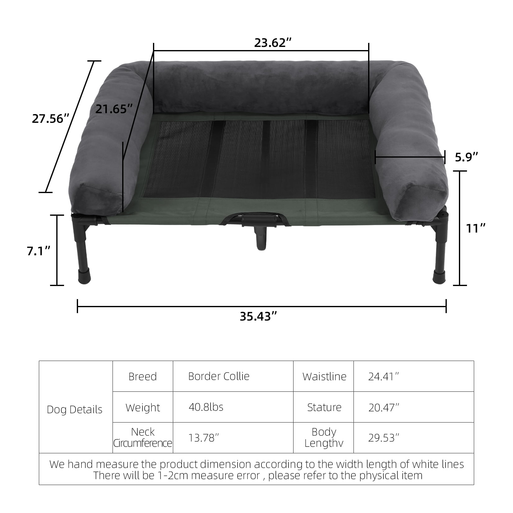 Bingopaw 4 in 1 Elevated Pet Dog Bed with Bolster, Gray, Large, 35"L