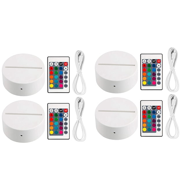 Paquete de 4 Bases de Lámpara de Luz LED de Noche 3D + Control Remoto + Cable USB, Soporte de Exhibición de Luz de 16 Colores para Acrílico Color Blanco