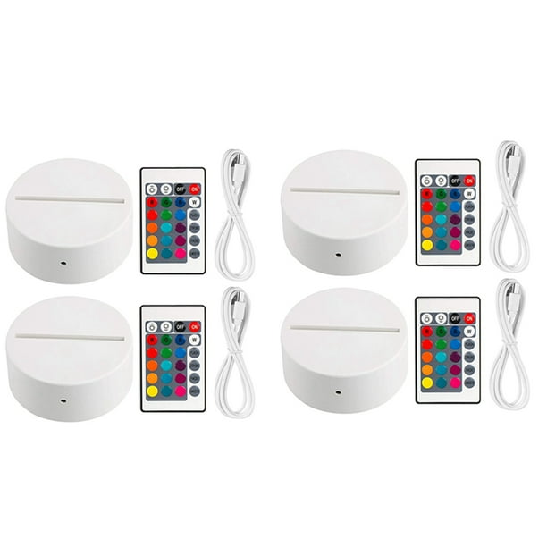 Paquete de 4 Bases de Lámpara de Luz LED de Noche 3D + Control Remoto + Cable USB, Soporte de Exhibición de Luz de 16 Colores para Acrílico Color Blanco