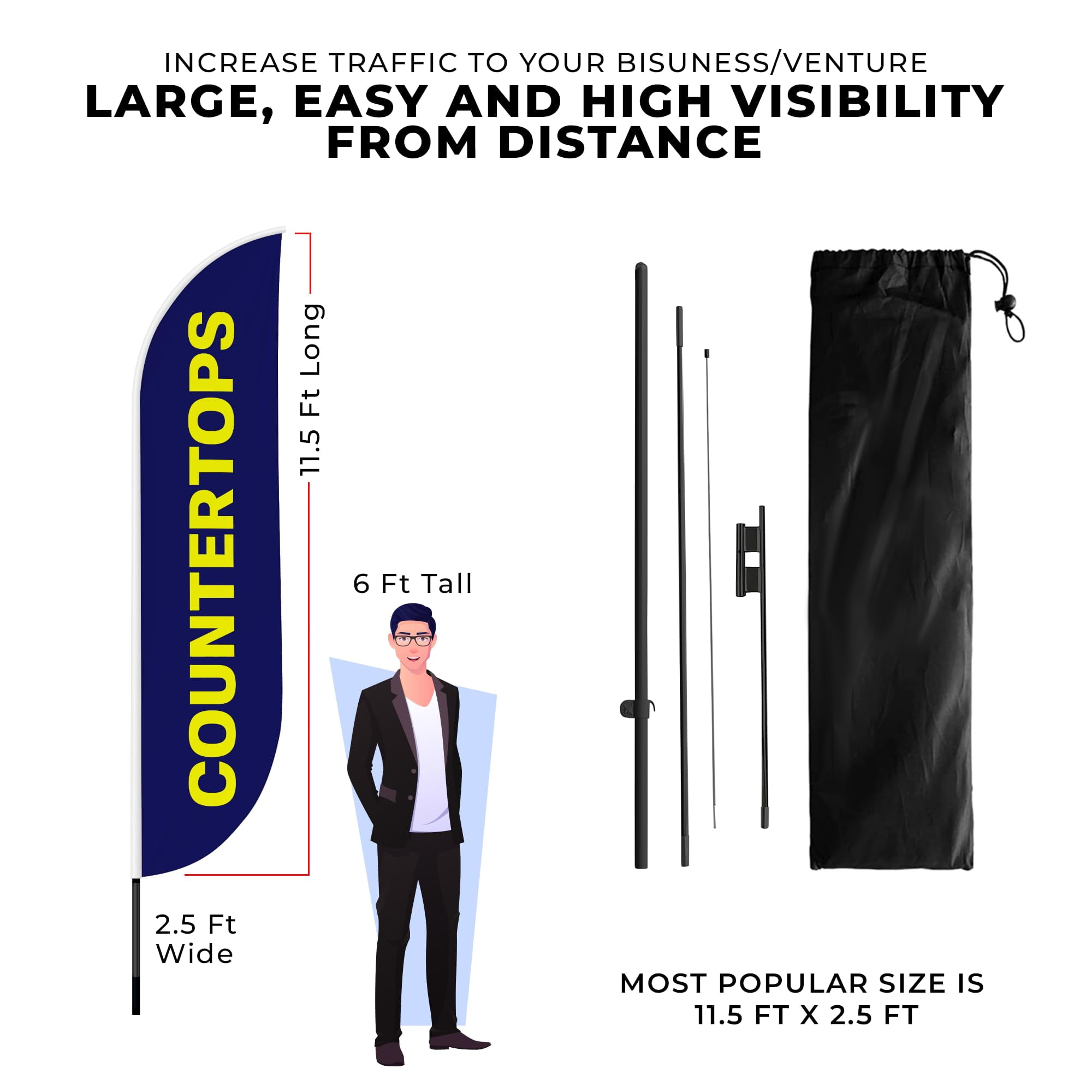 Countertops Feather Flag(11.5feetX2.5feet) by DreamController | Outdoor Business Advertising Tall Flag | Weather-Resistant Knitted Swooper Flag | Made in USA | HD Print (Flag Only)