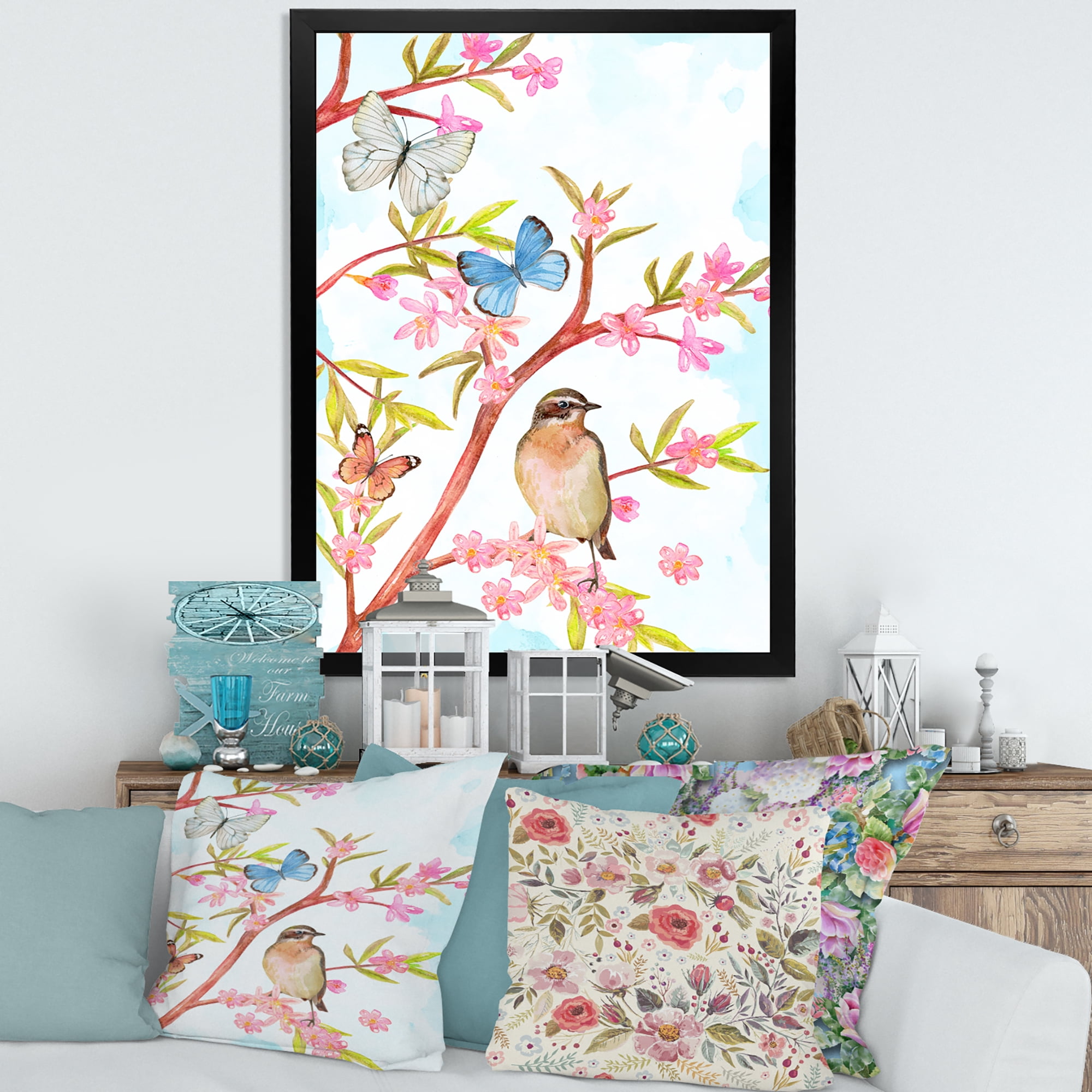 Clever Bird Sitting On Branch of A Spring Tree With Butterflies 12 in x 20 in Framed Painting Canvas Art Print, by Designart