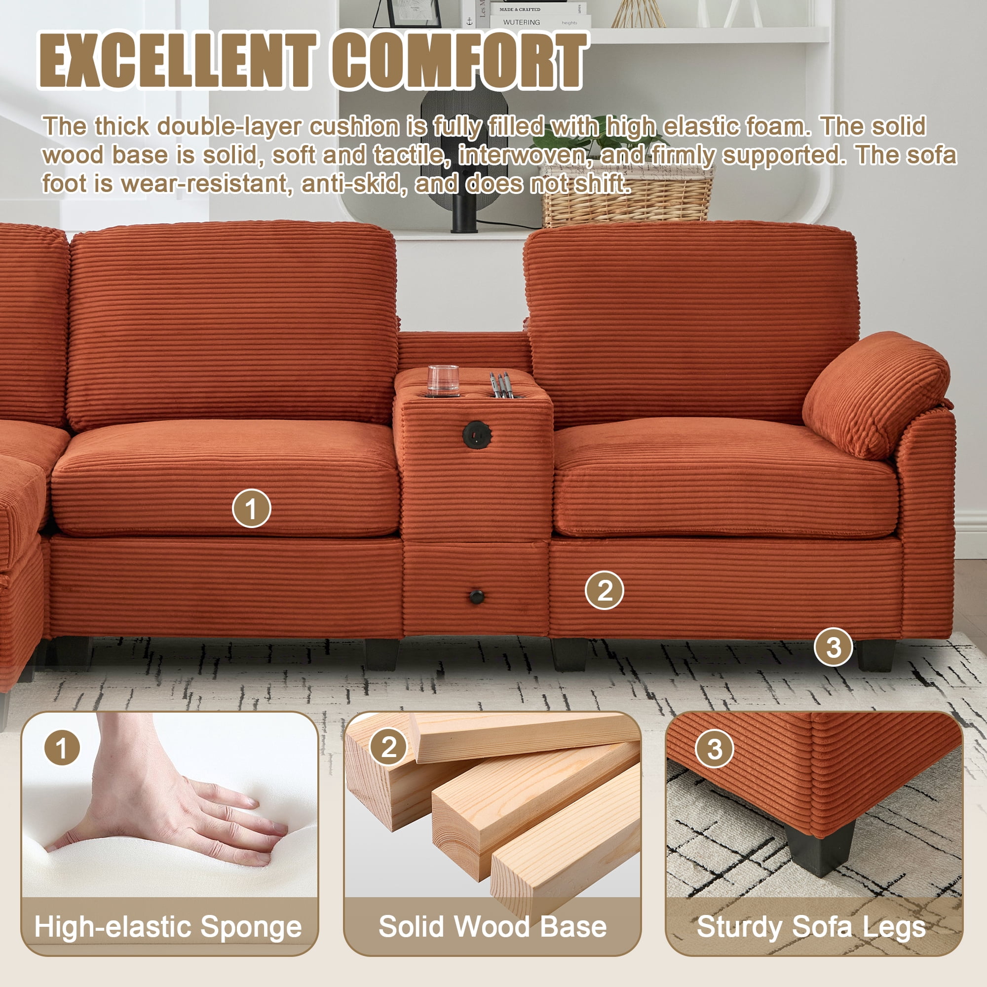 MOONMISS 105" L-Shaped Corduroy Modular Sectional Sofa with 1 Ottoman and Multi Functional Console, 3-Seater Upholstered Couch with USB and 2 Cup Holder, Easy Assembly, for Living Room,Orange