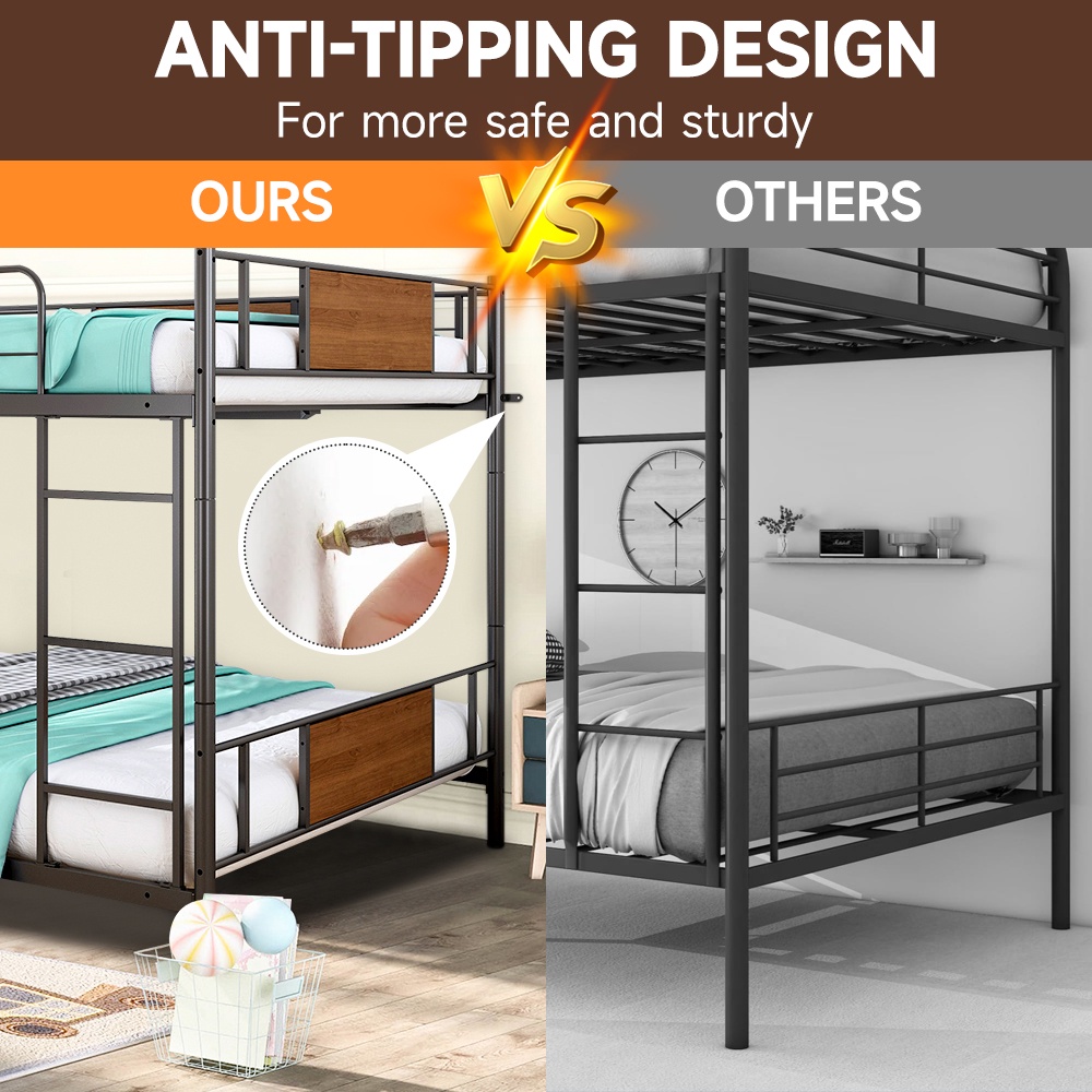 Full Over Full Bunk Beds with LED Lights and Charging Station, UHOMEPRO Metal Bunk Beds for Kids, Low Convertible Bunkbeds Full Size and No Box Spring Needed, Load-Bearing 500lb