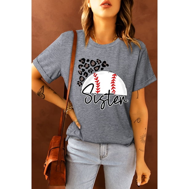 ABPHQTO Camiseta estampada con cuello redondo y estampado de letras de leopardo de béisbol gris para mujer