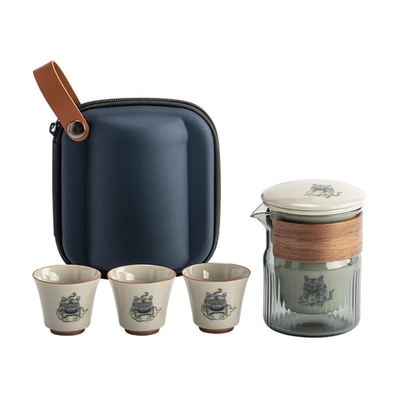 Chinese Travel Tea Set Kung Fu Tea Set Traditional with Tiger Pattern Ceramic Glaze Tea Pot Retro Tea Service Teacup 1 Pot and 3 Cups Teaset Kettle Drinkware Tea Ceremony