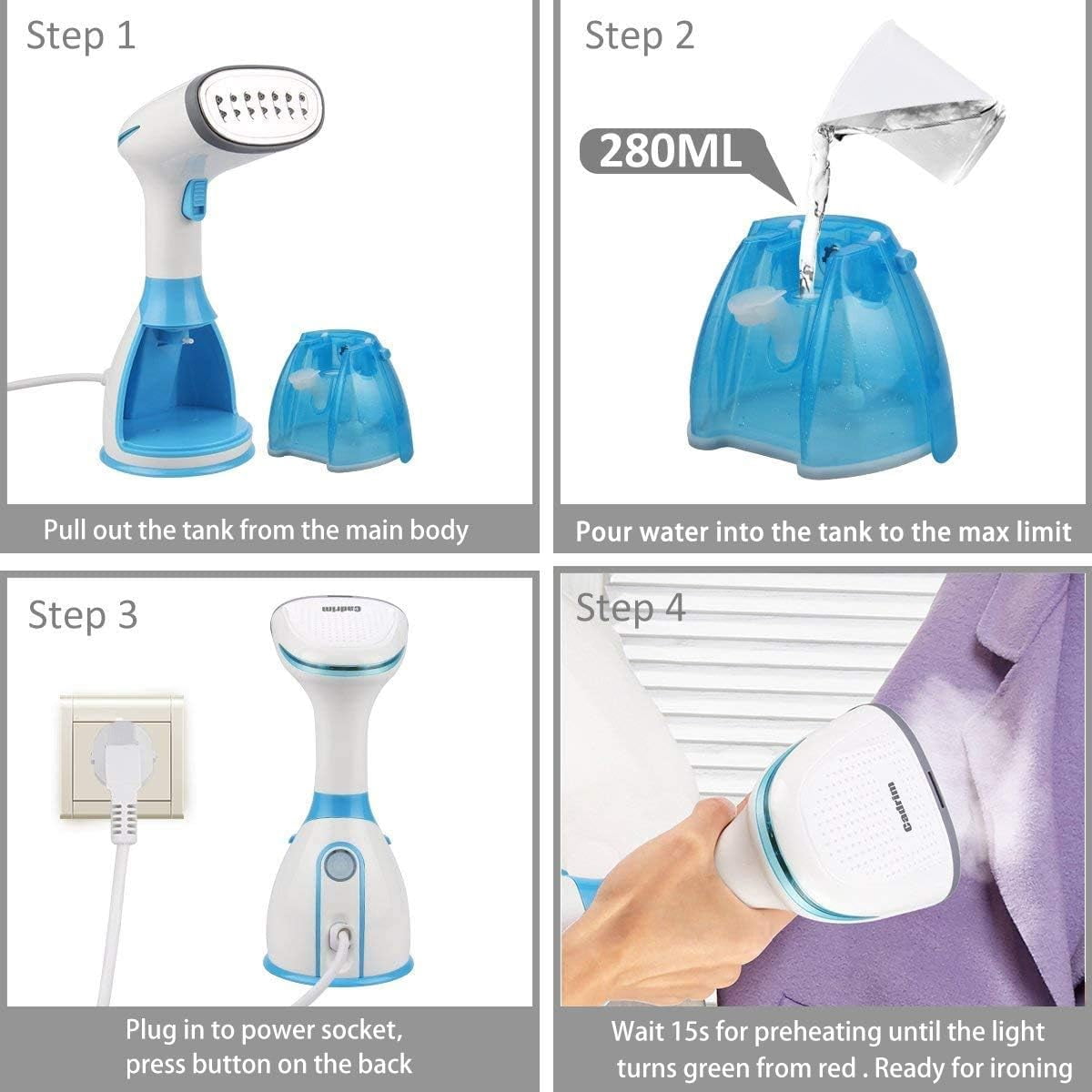 Steam cleaner, frame manual steam cleaner portable iron 1500W 280ml fast heating manual steam cleaner for clothing of fabrics and textiles, travel steam cleaner