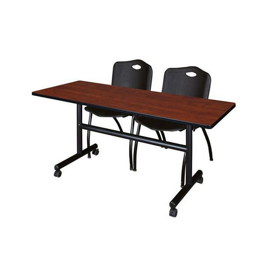 60" x 30" Flip Top Mobile Training Table- Cherry and 2 "M" Stack Chairs- Black