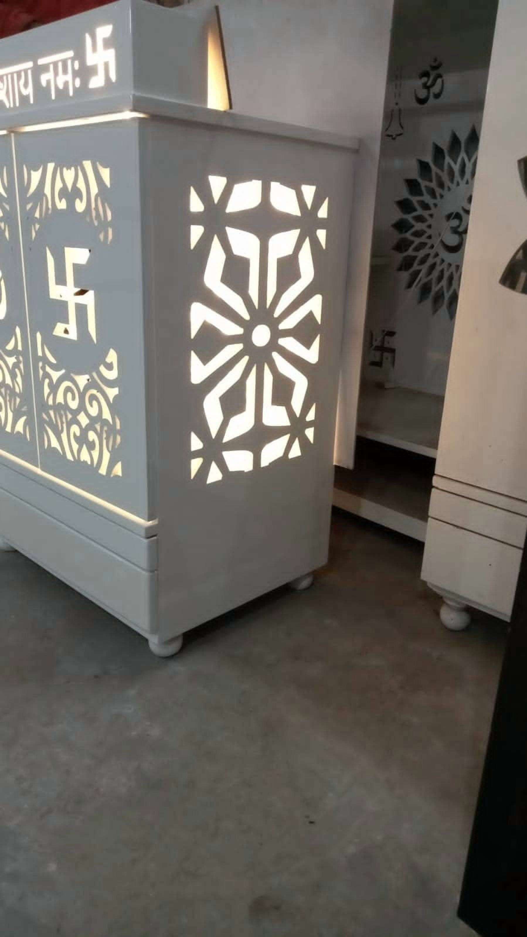 White Wooden Temple For Home With LED Lights / Designer Mandir With Doors And Cabinets / Pooja Mandir /Pooja Mandap/Pooja Ghar /Hindu Temple