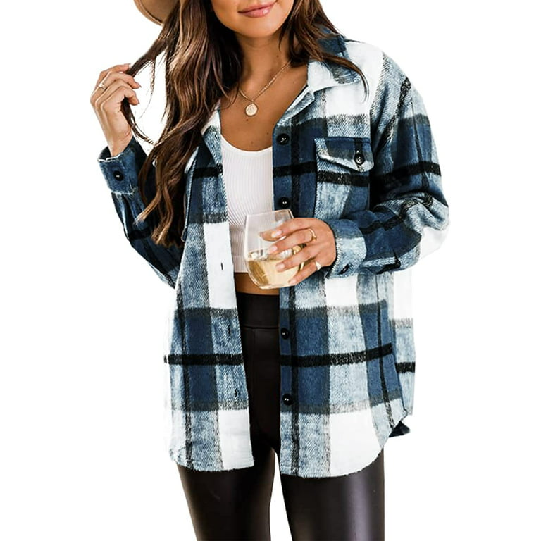 Trendy Queen Womens Flannel Shacket Jacket Casual Plaid Wool Blend Button  Down Long Sleeve Shirt Fall Clothes Outfits 2022
