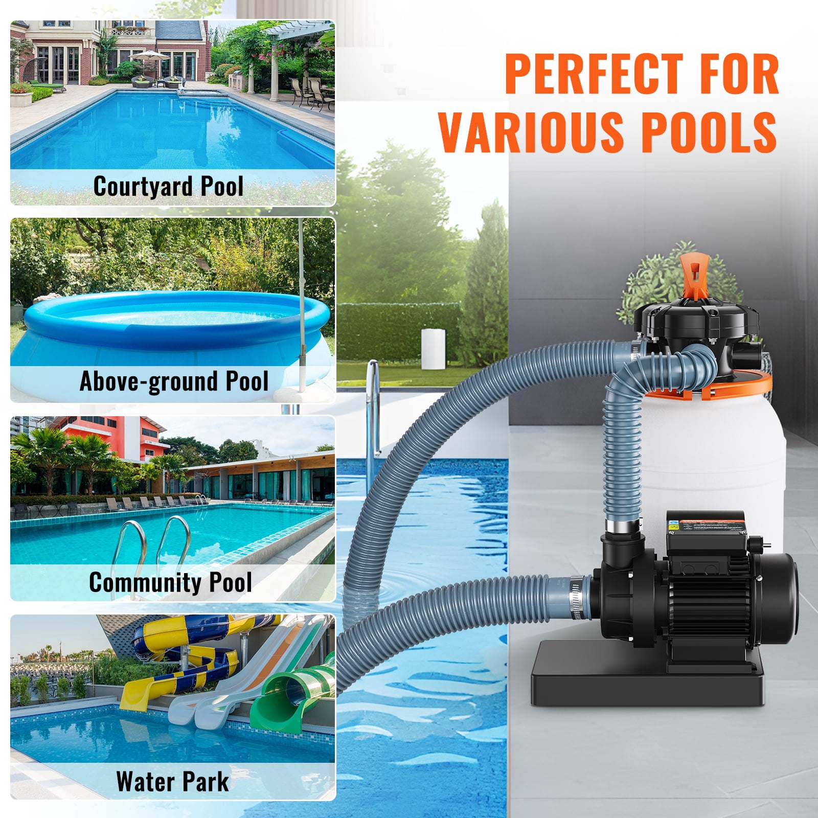 SKYSHALO Sand Filter Above Ground 0.33HP Pool Pump 1585GPH Flow 10" 5-Way Valve