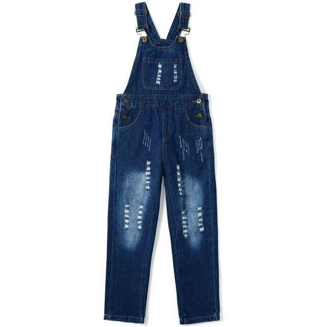 KIDSCOOL SPACE Girls Washed Distressed Denim Ripped Cotton Jean Overalls,6-7 Years