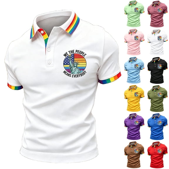 Men's Rainbow Pride Polo Shirt with Liberty Statue Graphic and Button Placket Featuring Colorful Trim for Pride Month Parades LGBTQ Events Summer Parties or Daily Wear Black L