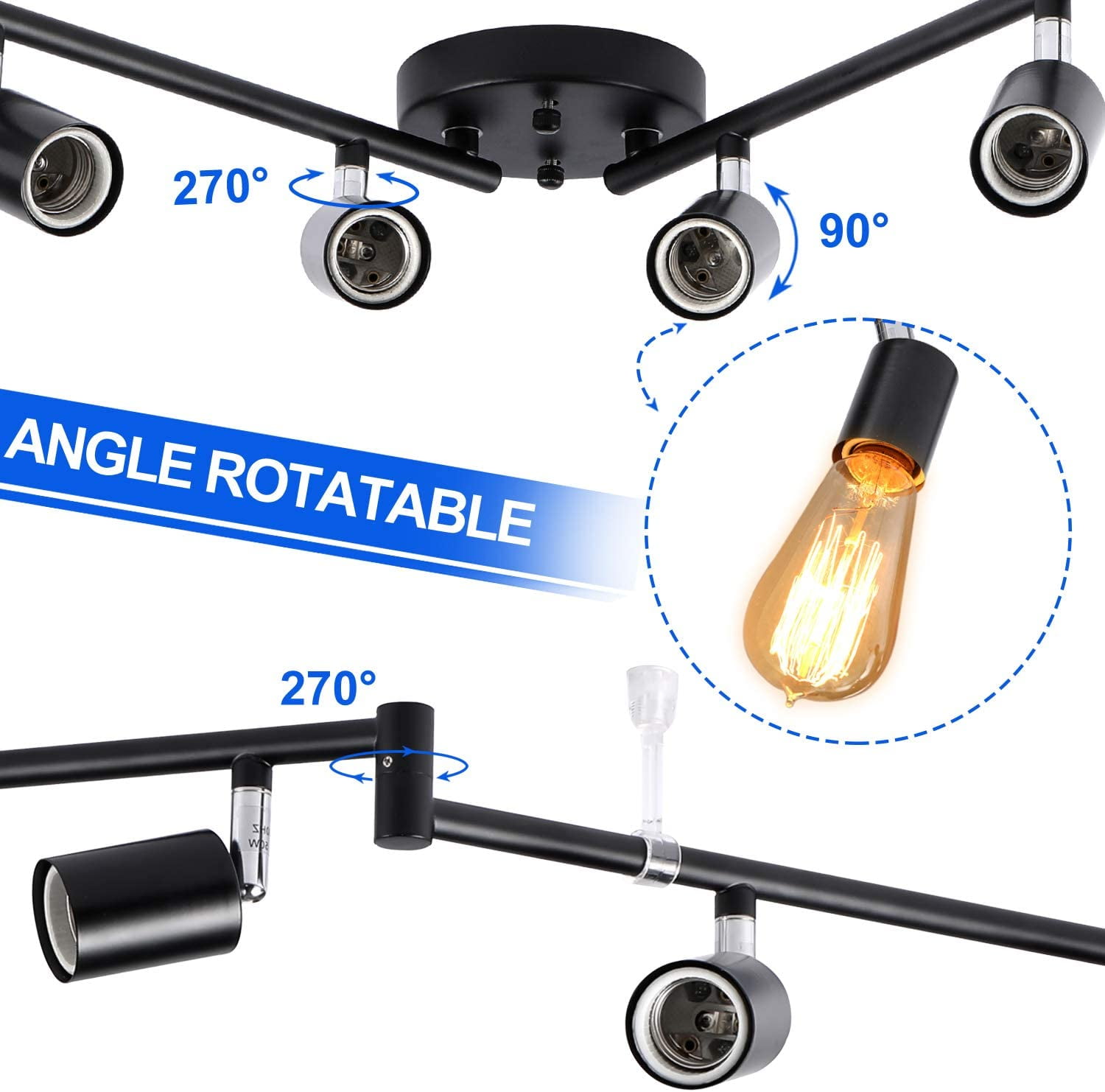 Laboreducer 8 Heads Foldable Track Lighting Kit, Flex Track Ceiling Light, 270deg rotatable DIY Wall Light E26 Socket, Bulbs not Included(Black)