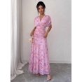 thumbnail image 4 of Mauve Purple Womens V-Neck Off-Shoulder Puff Sleeve Ruched Waist A-Line Floral Maxi Dress, 4 of 5