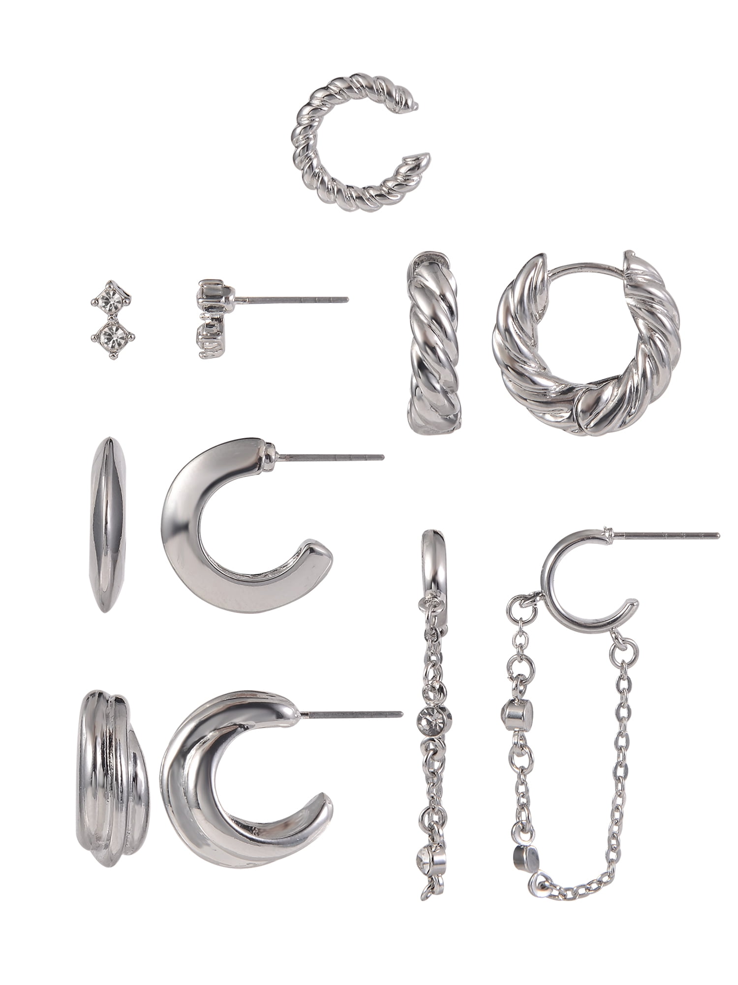 Time and Tru Adult Female Silver-Tone Crystal Stone Cable Chain Dangle and Textured Hoop Multi Stacker Earring Set