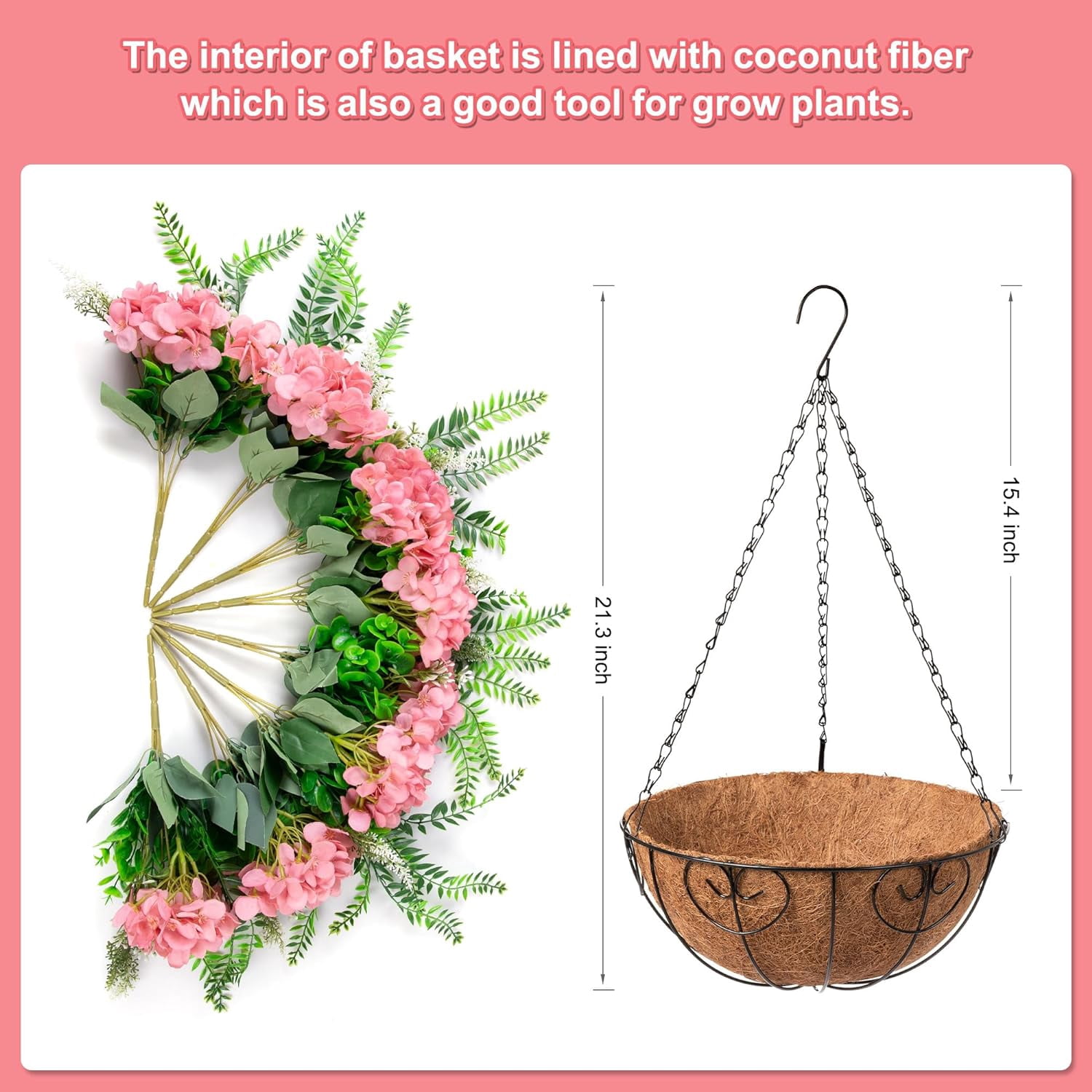 Artificial Flowers in Hanging Basket Planter for Home Spring Decoration, Silk Hydrangea Outdoor Indoor Arrangements, 12" Metal Coconut Lining Basket with Faux Plant(Champagne)