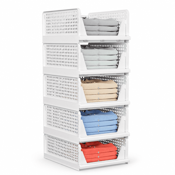 Rirool 5 Pack Stackable Closet Storage Bins, Foldable Pull-Out Storage Drawer Organizer for Wardrobe, Clothes, Hats & Toys, Waterproof Space Saving Baskets, White