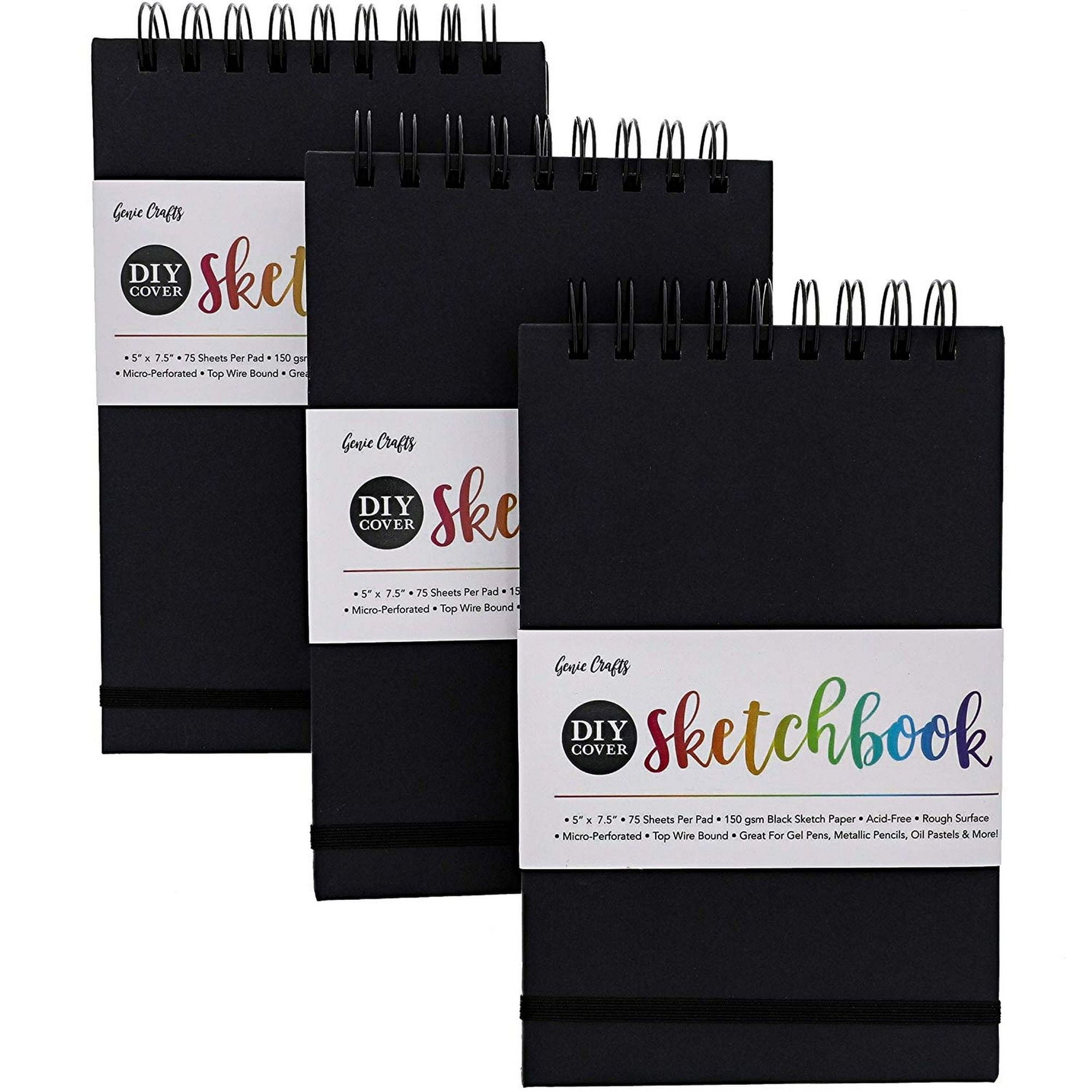 3Pack Diy Cover Sketchbook, Spiral Bound Black Paper Sketch Pad, 75