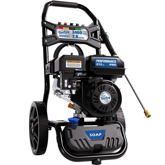 TOOLCY 3400 PSI 2.8 GPM Gas Pressure Washer, 212cc Engine with 30FT Hose, Soap Tank & 5 Nozzles for Car/Driveway/Patio