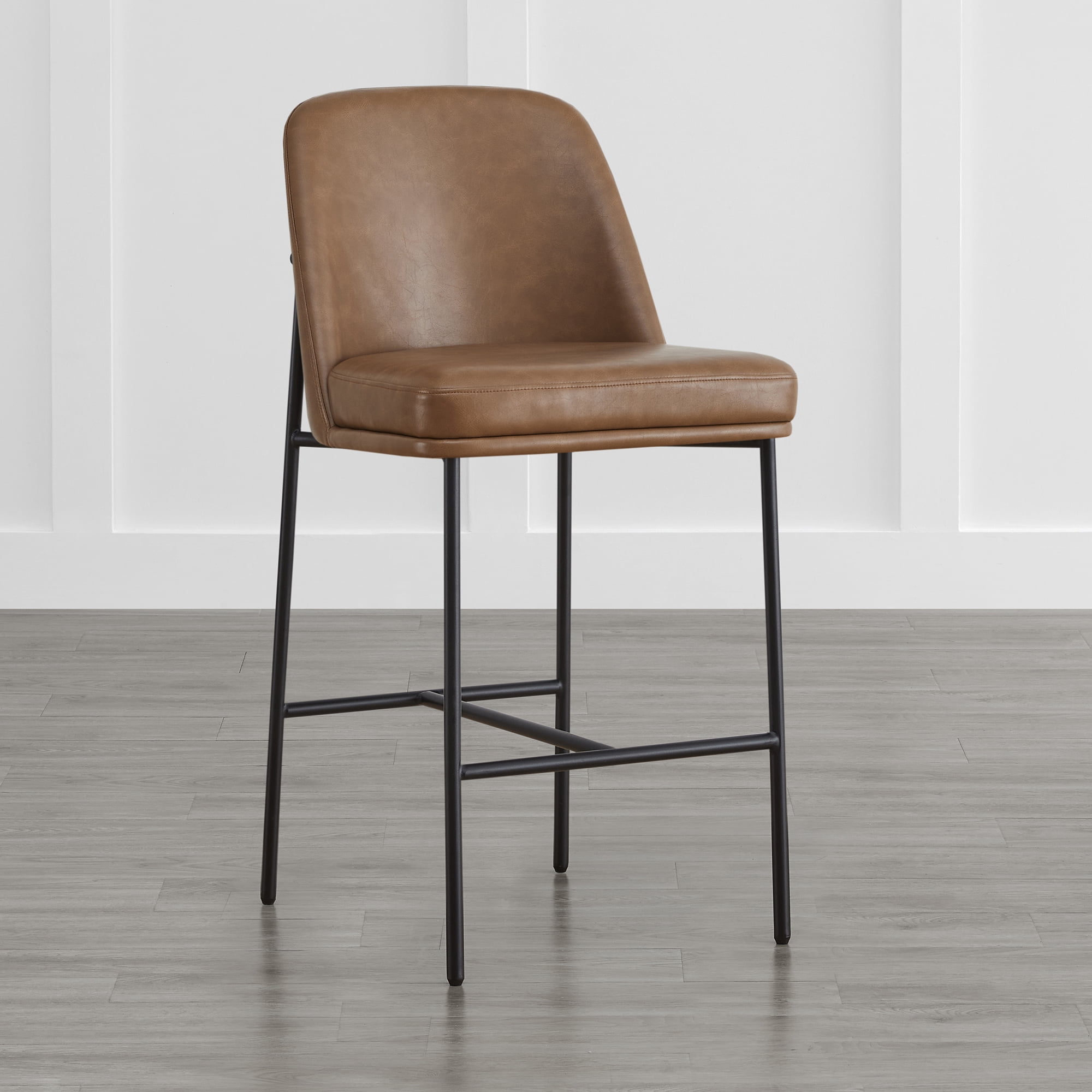 Spruce & Spring Modern 27-Inch Contemporary Counter Stool Set with Upholstered Seat and Metal Frame Set of 2, Saddle Brown Faux Leather