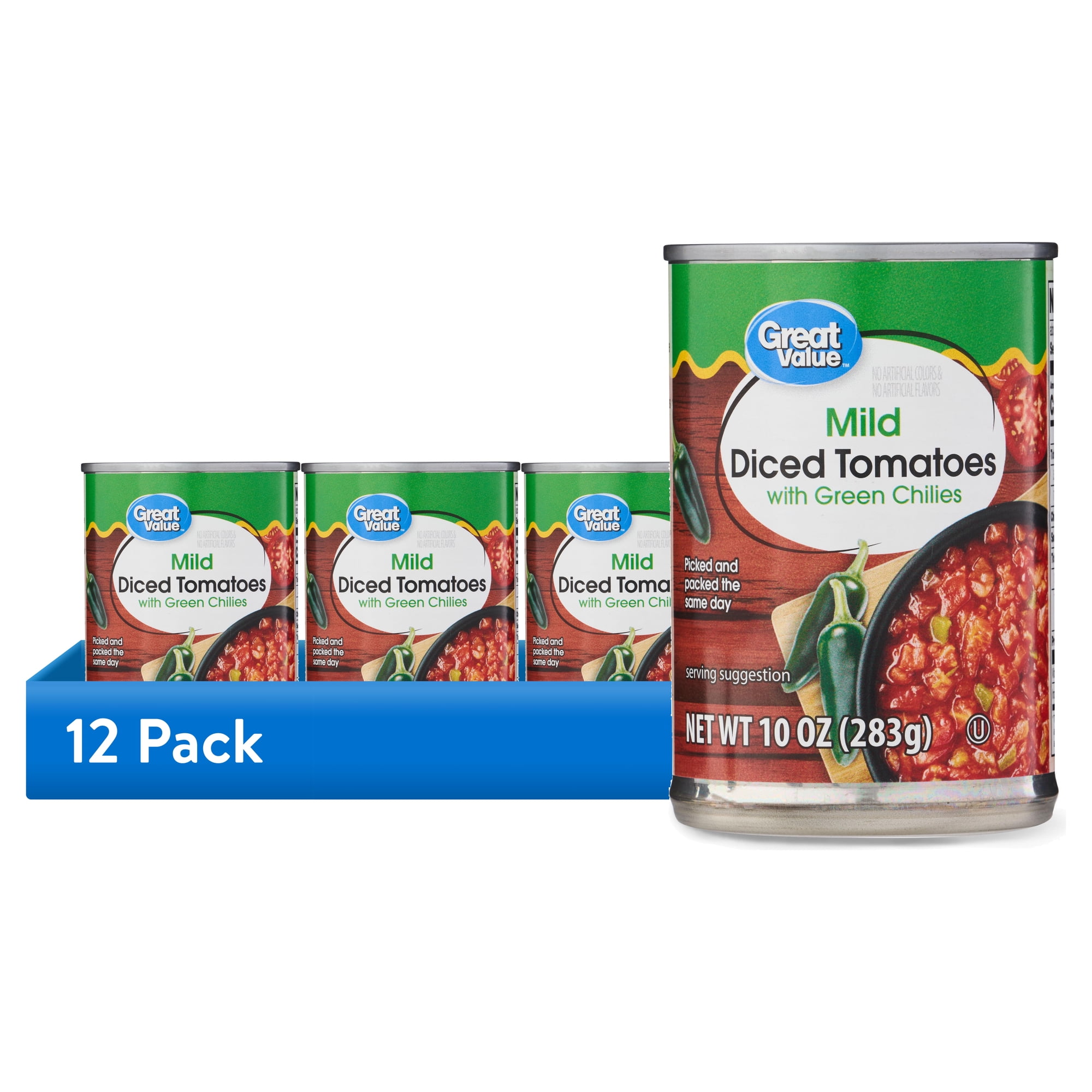 (12 pack) Great Value Mild Diced Tomatoes with Green Chilies, 10 oz