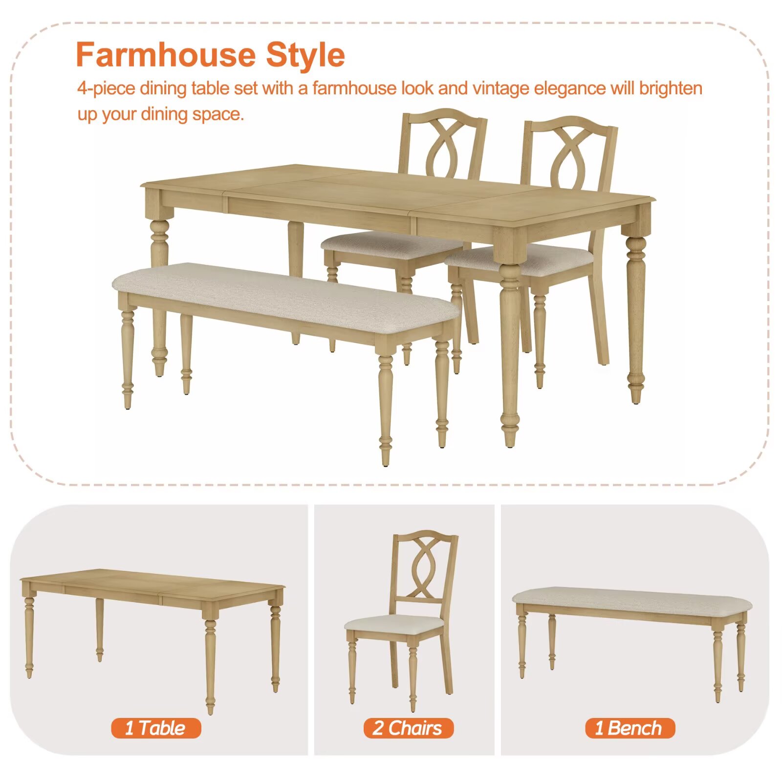 4 Piece Dining Table Set for 4-6 People - Includes One Dining Table, One Upholstered Bench, 2 Wood Dining Chairs, Rustic Dining Set for Kitchen, Oak