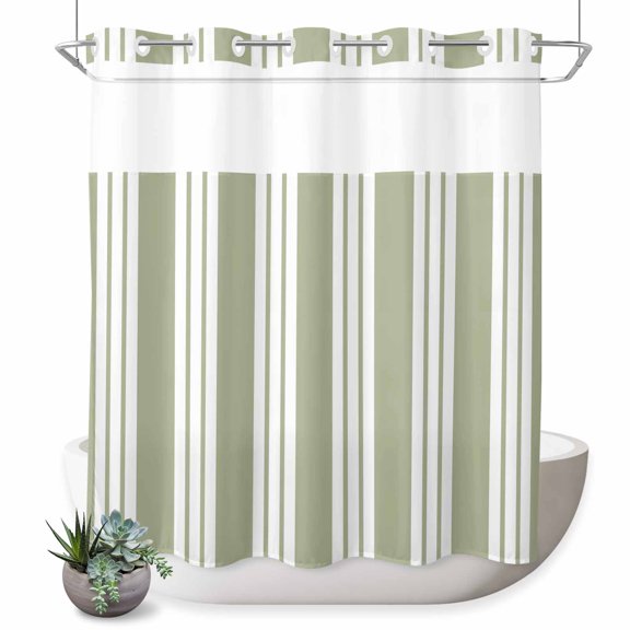 No Hook Shower Curtain, Striped Sage Green Shower Curtains for Bathroom with See Through Top Window, Farmhouse Line Stripes Classic Waterproof & Washable Bath Curtain 66"x72"