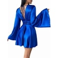 thumbnail image 5 of Women'S Deep V Neck Long Sleeve Mini Satin Silk Dress Elegant Flowy Wedding Guest Party Short Dresses Blue S, 5 of 9