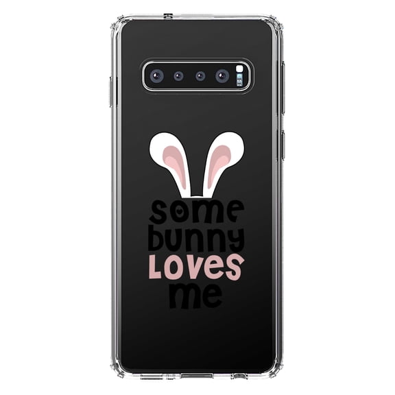 DistinctInk Clear Shockproof Hybrid Case for Samsung Galaxy S10 (6.1" Screen) - TPU Bumper Acrylic Back Tempered Glass Screen Protector - Some Bunny Loves Me - Rabbit