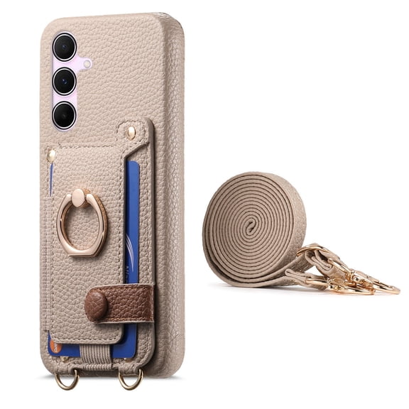 For Samsung Galaxy A57 Phone Case,With 360ยฐ Rotatable Ring Kickstand,Detachable Long Shoulder Strap,Card Slots,Shockproof Anti-fall Leather Anti-Scratch Back,Durable Wallet Case,Khaki