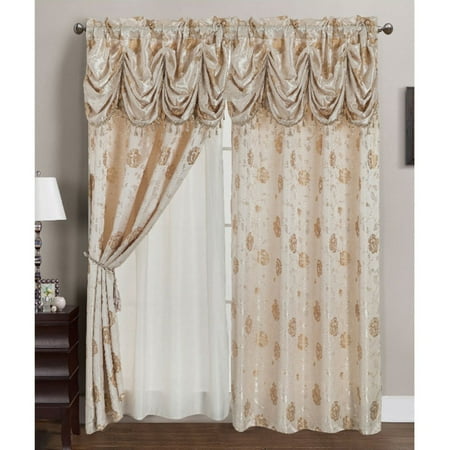 - Kelly Jacquard 54 x 84 in. Rod Pocket Single Curtain Panel w/ Attached 18 in. Valance, Beige