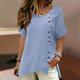 thumbnail image 4 of Craaazy Women's Lightweight Relaxed Fit V Neck Blouse, Solid Color Short Sleeve Cotton Linen Top, Comfy Asymmetric Hem Button Accent Tee for Work & Weekend Gifts, 4 of 9