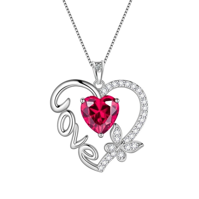 Juwaliy Collar de Corazón de Amor Rojo Mariposa Collar de Piedra de Nacimiento de Julio Rubí Dije de Plata Esterlina 925 Joyería Mujer Madre Regalo de Cumpleaños Día de San Valentín para Ella