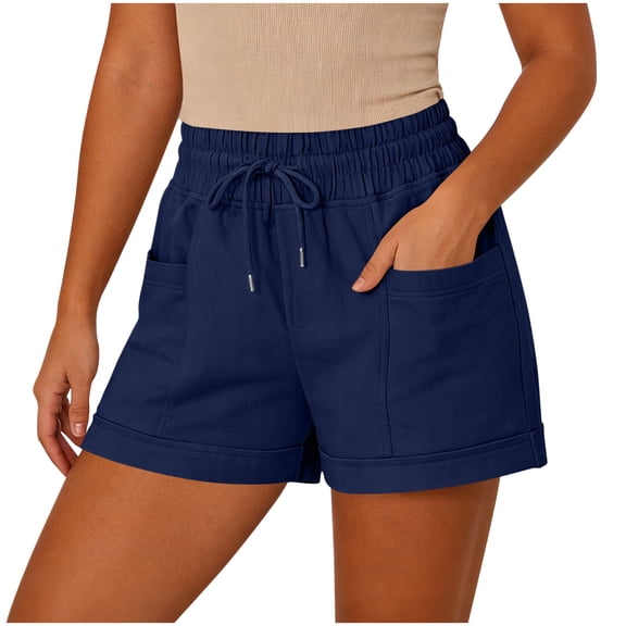 hlysgo Bermuda Shorts for Women Comfort Soft Fit Elastic Drawstring Waist Short Summer Beach pull On Short with Pockets Navy,XL