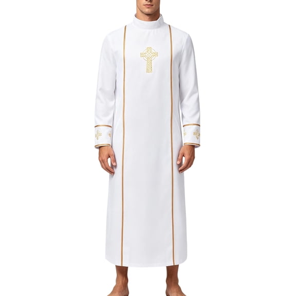 BELTNOV Men's White Priest Robe Halloween Costume Gold Cross Embroidered Clergy Cosplay Outfit Long Sleeve Church Minister Fancy Dress for Party White
