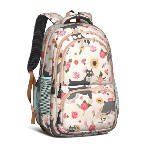 Schnauzer Dog and Flower Floral Backpack for School,Cute School Bag,Schoolbag with Adjustable Shoulder Straps & Padded Back,16.9 Inch