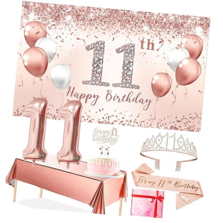 SKYSONIC 25th Birthday Party Decor Set for Women, Rose 25 Banner and Tablecloth, Fabulous at 25 Sash and Tiara, Happy 25th Birthday Cake Topper, 25 Number Balloons
