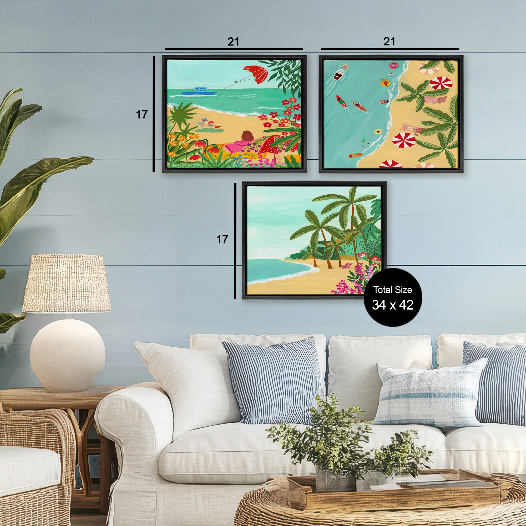 Busy Beach And Flowers 3 Piece Black Framed Floater Canvas Set, design by Nabeela Rumi