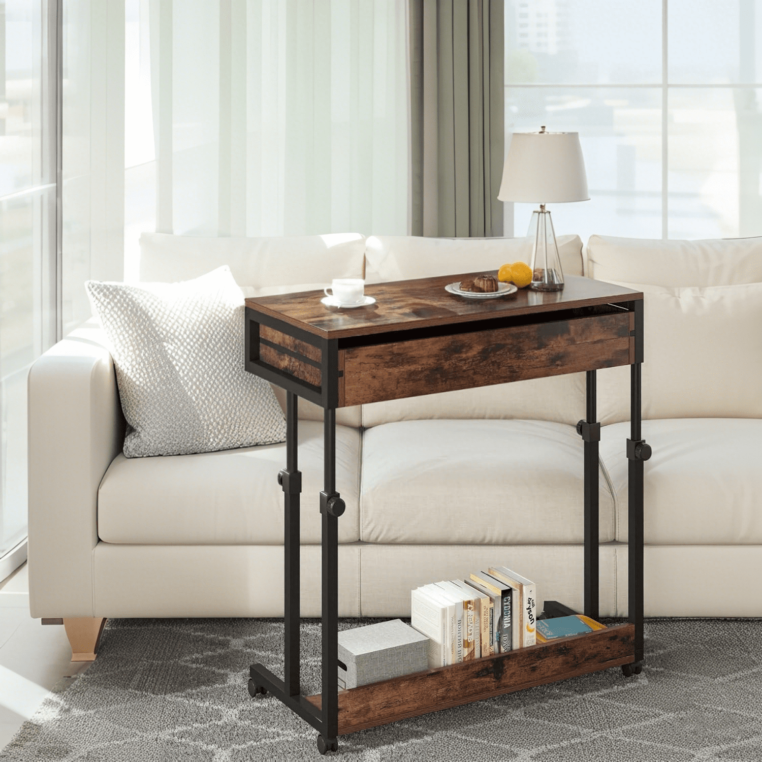 Tribesigns Portable Desk with Drawers, Mobile Laptop Desk with Wheels, Couch Side Table Bed Desk, Standing Desk for Home Office (Brown)